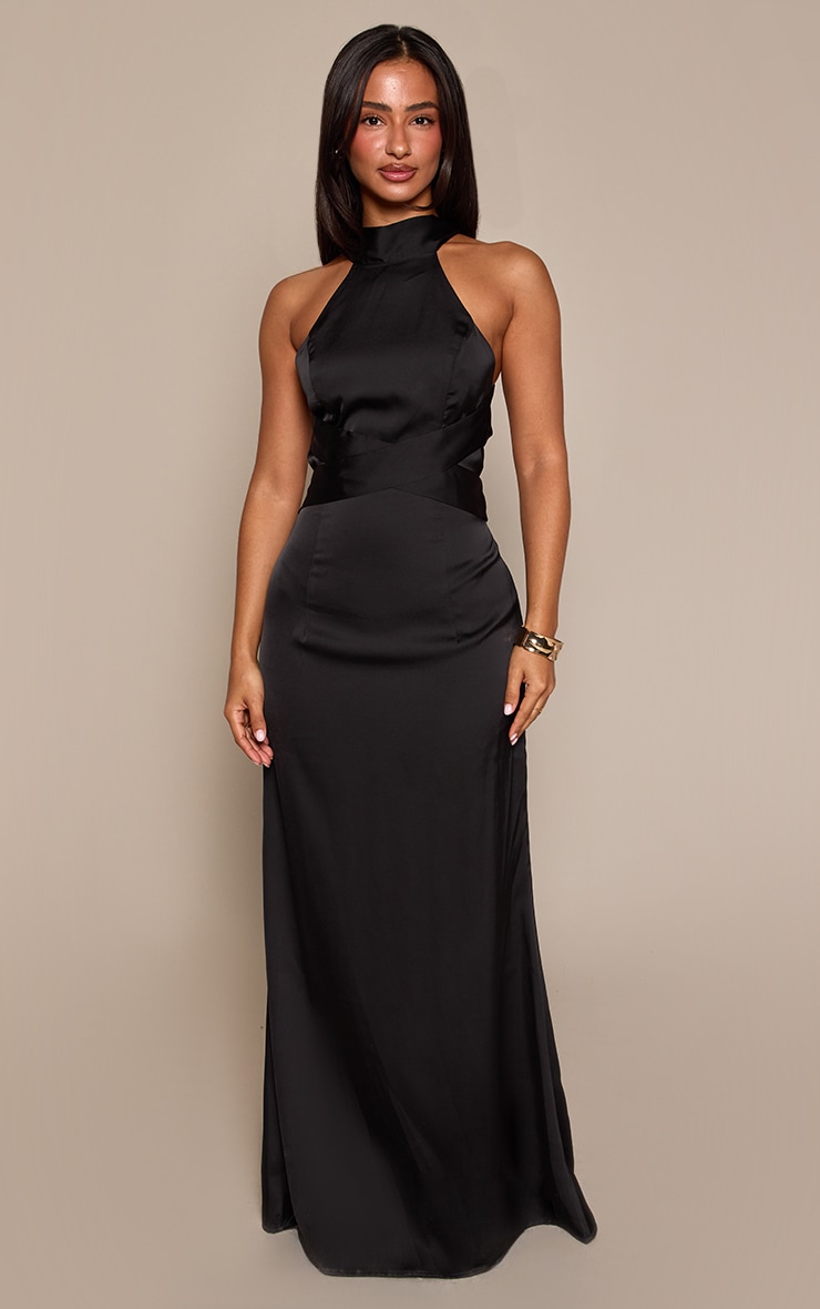 Petite Black Satin Cross Over Back Maxi Dress