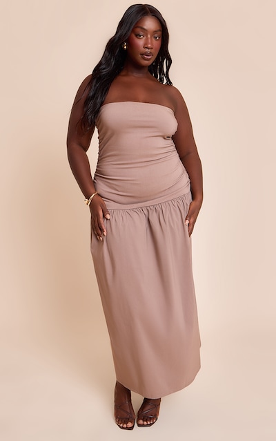 Plus Taupe Stretch Woven Bandeau Ruched Maxi Dress