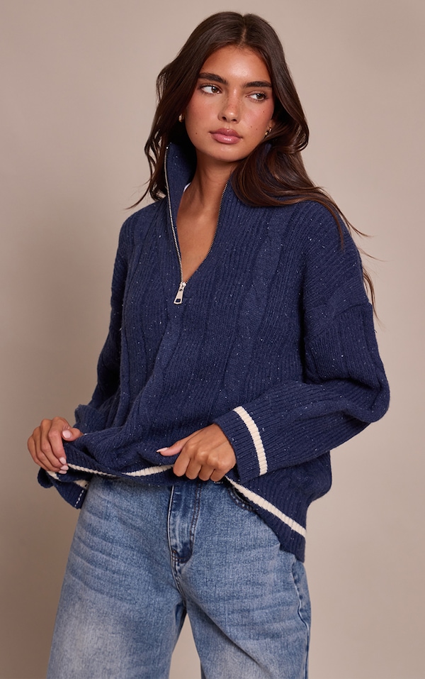Navy Zip Detail Cable Knit Oversized Jumper