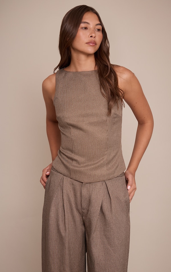 Brown Dogtooth Racer Neck Detail Top