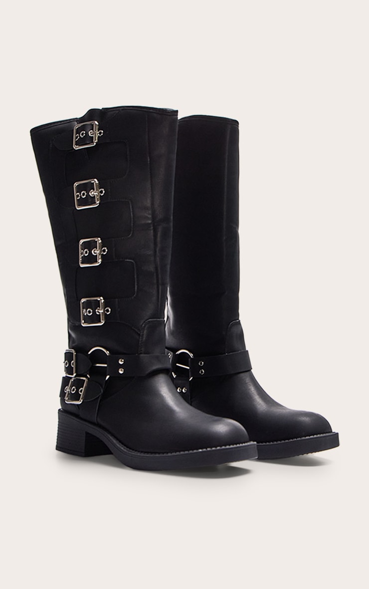 Bottes hautes à boucle multiple et bride noires en PU à bout rond image 2