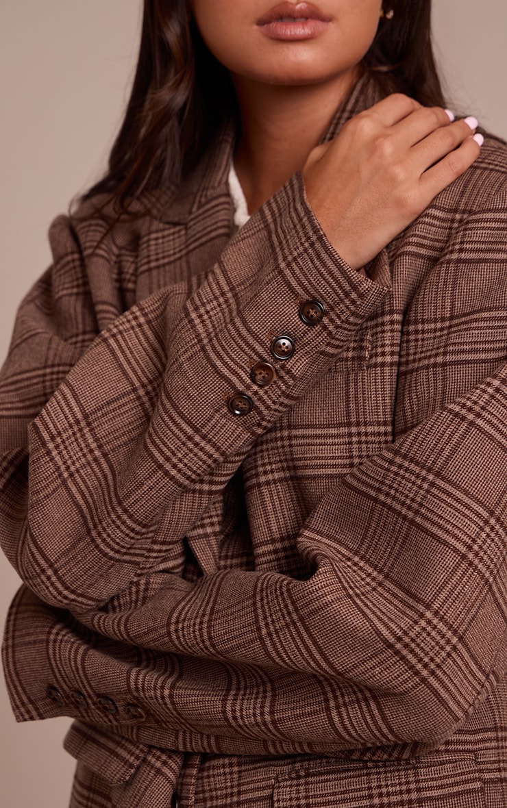 Brown Premium Woven Twill Checked Oversized Blazer image 4