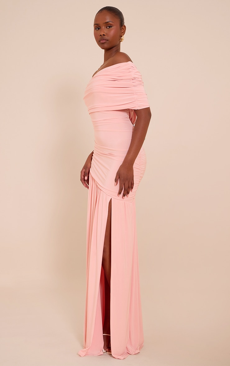 Blush Double Layer Slinky Bardot One Shoulder Ruched Maxi Dress image 3