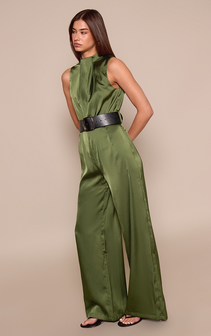 Khaki Satin High Neck Belt Detail Wide Leg Jumpsuit image 3