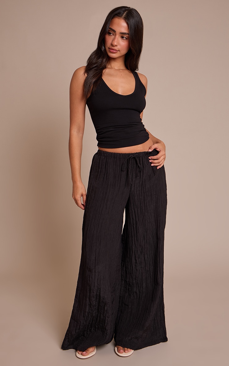 Petite Black Crinkle Satin Drawstring Low Rise Pant image 1