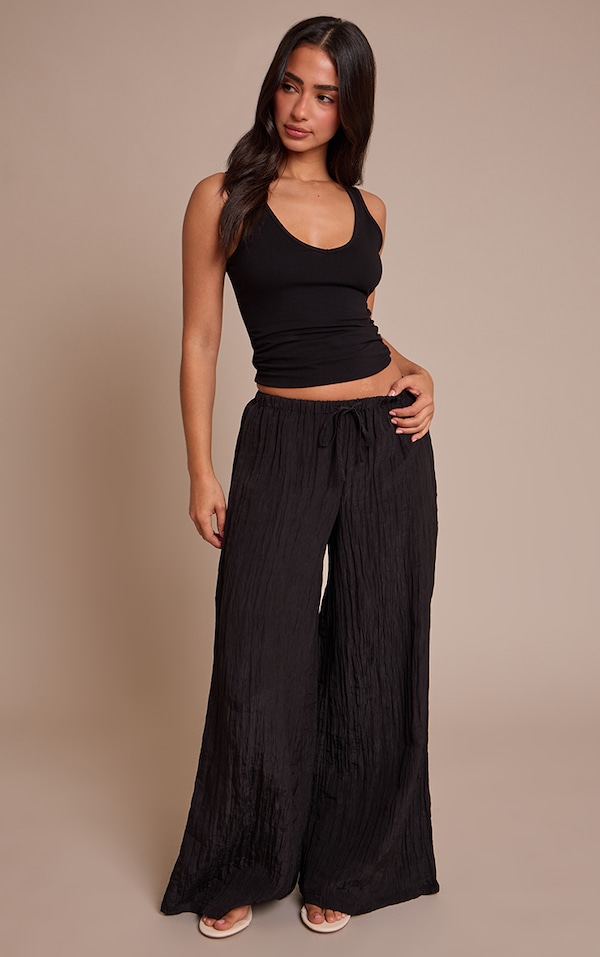 Petite Black Crinkle Satin Drawstring Low Rise Pant