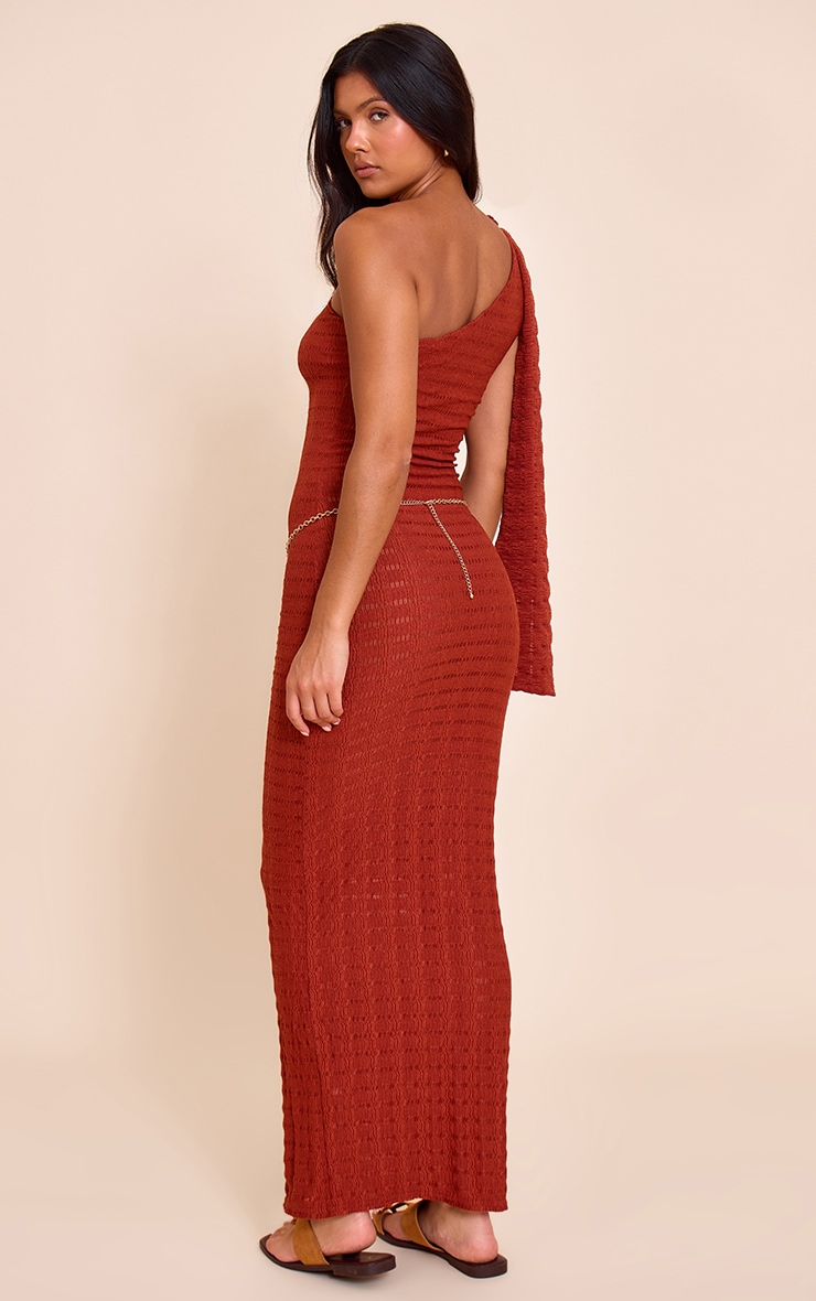 Rust Textured One Shoulder Drape Detail Maxi Dress image 2