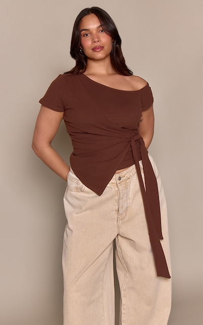 Plus Chocolate Soft Touch Tie Waist Off Shoulder Tshirt