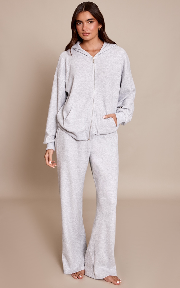 Ash Grey Ribbed Zip Up Waffle Pajama Hoodie image 3