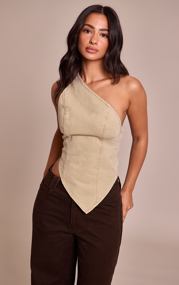 Petite Top asymétrique en jean kaki délavé image 1