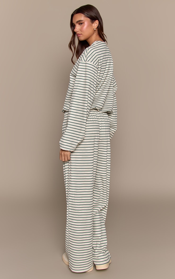 Teal Stripe Soft Rib Relaxed Elasticated Pants image 3