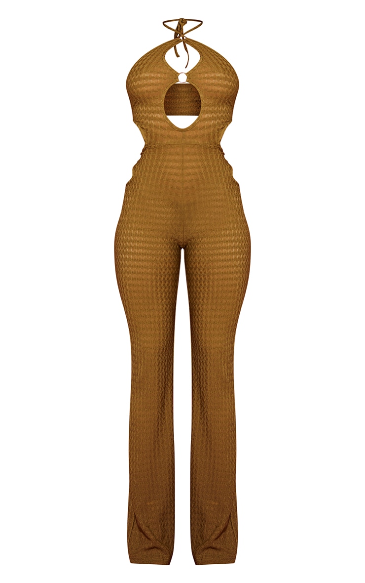 Khaki Textured Ring Detail Halterneck Cut Out Jumpsuit image 1