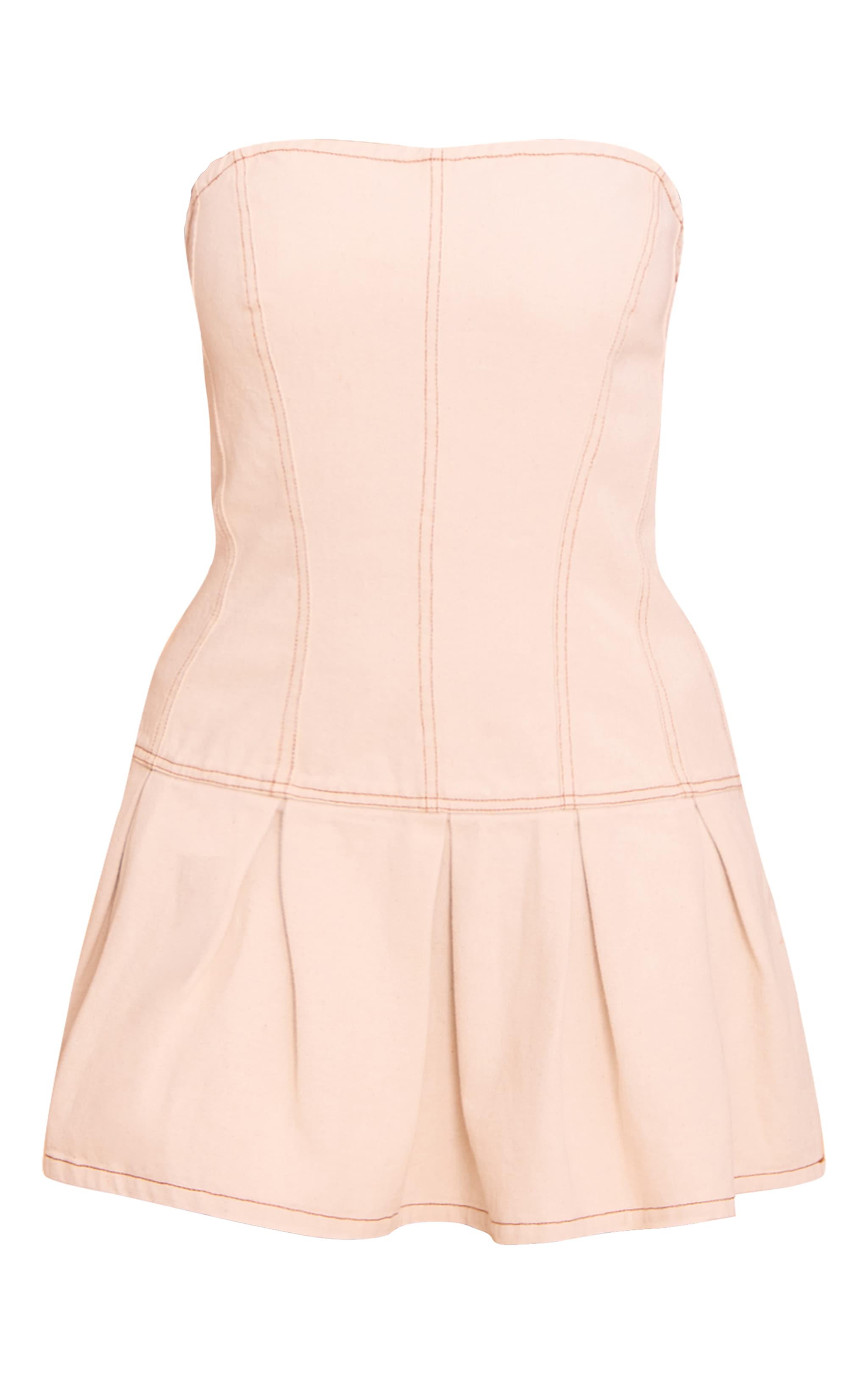 Ecru Linen Look Denim Seam Detail Pleated Mini Dress image 5