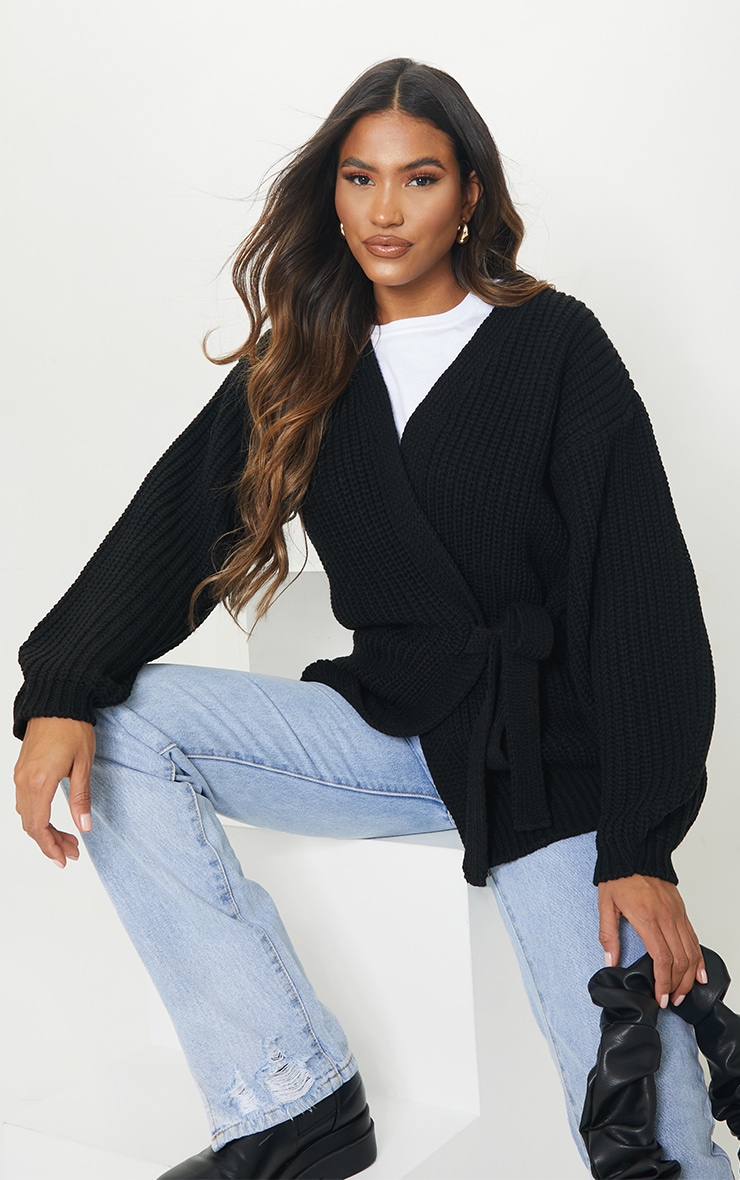 Black Chunky Long Line Belted Cardigan