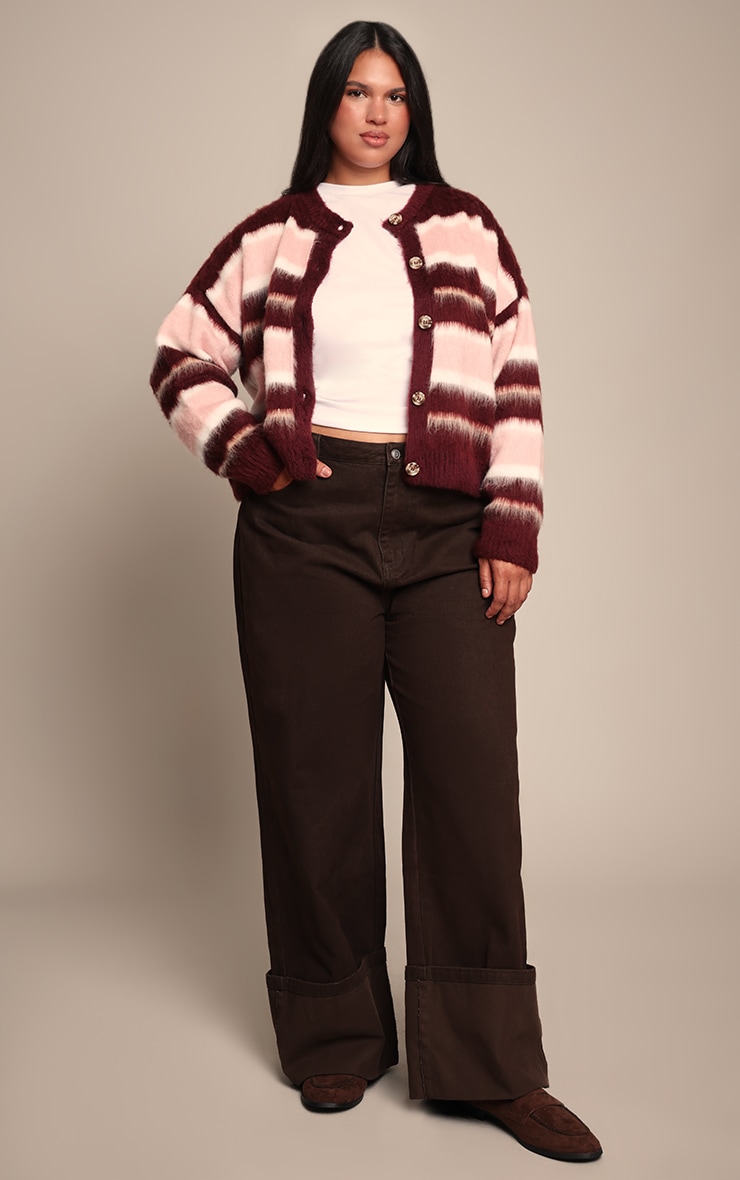 Plus Burgundy Striped Brushed Knit Cardigan image 3
