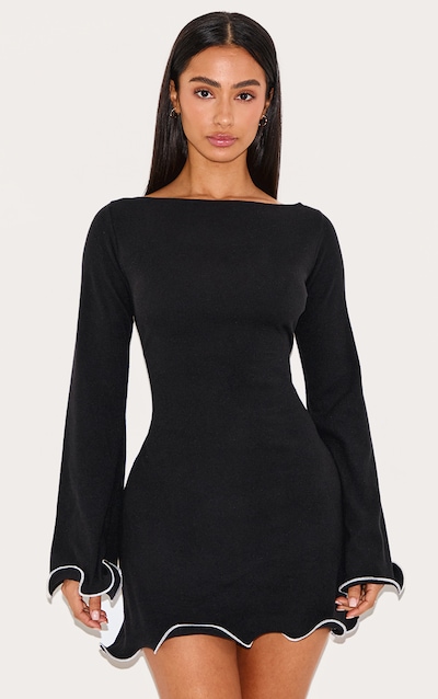 Petite Mini robe côtelée noire à détails contrastants