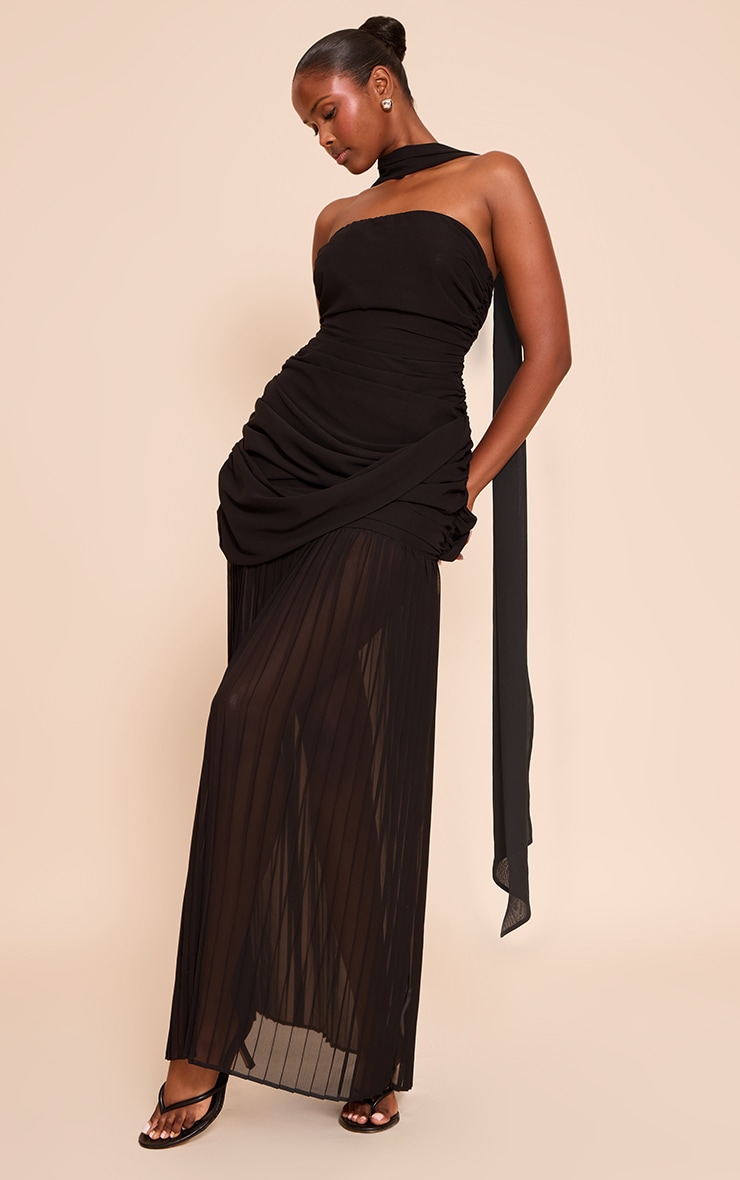 Black Chiffon Scarf Detail Bandeau Ruched Maxi Dress image 1