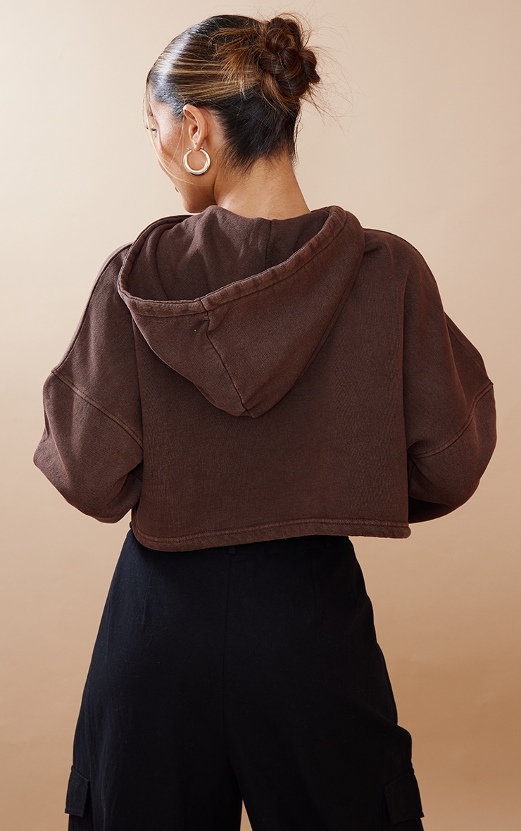 PRETTYLITTLETHING Chocolate Embroidered Washed Tie Crop Hoodie image 2