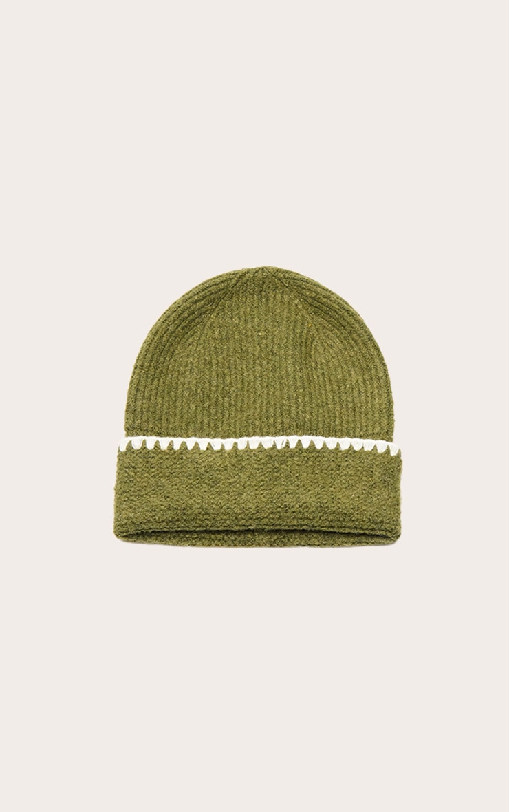 Olive Knit Contrast Beanie image 2