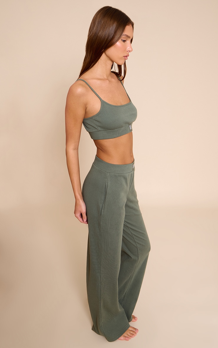 PrettyLittleThing Sage Green Sleep Rib Tonal Elastic Wide Leg Pants image 2