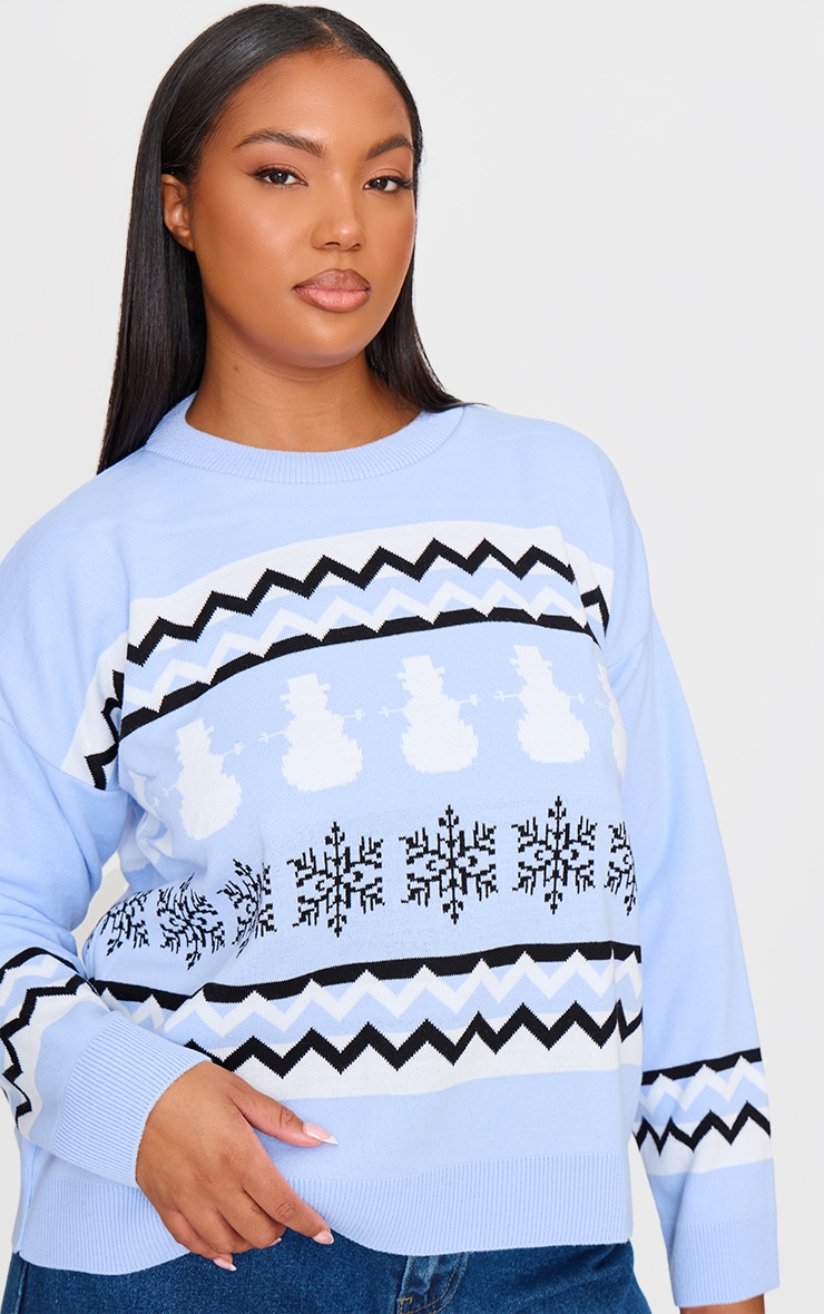 Plus Baby Blue Zig Zag Snowflake Christmas Jumper Plus Size PLT