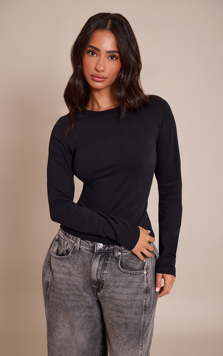 Petite Black Soft Cotton Crew Neck Longline Long Sleeve Top image 1