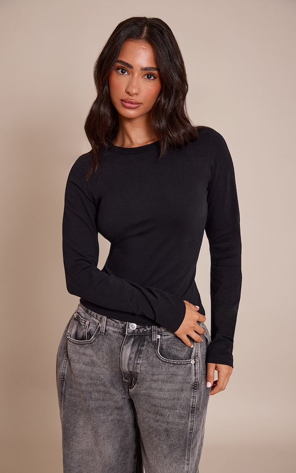 Petite Black Soft Cotton Crew Neck Longline Long Sleeve Top
