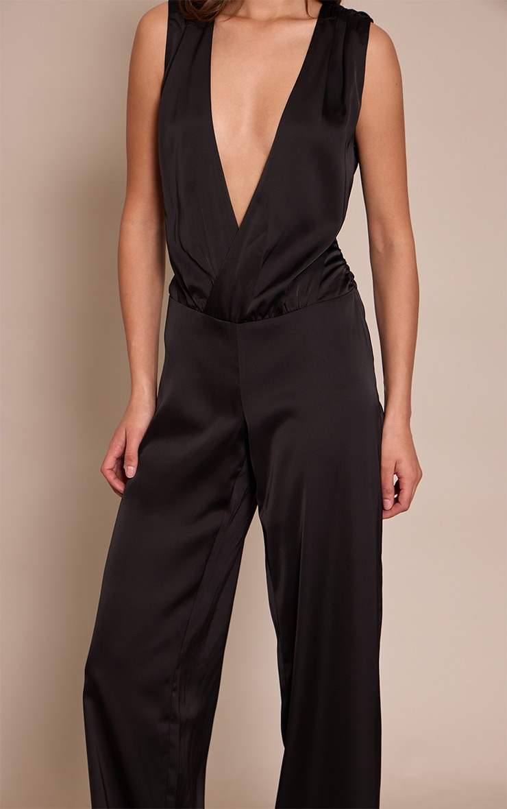 Black Satin Plunge Dropped Waist Jumpsuit image 4