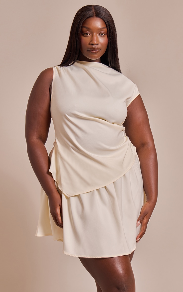 Plus Cream Woven Boat Neck Ruched Detail Shift Dress image 1