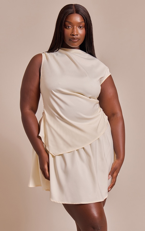 Plus Cream Woven Boat Neck Ruched Detail Shift Dress