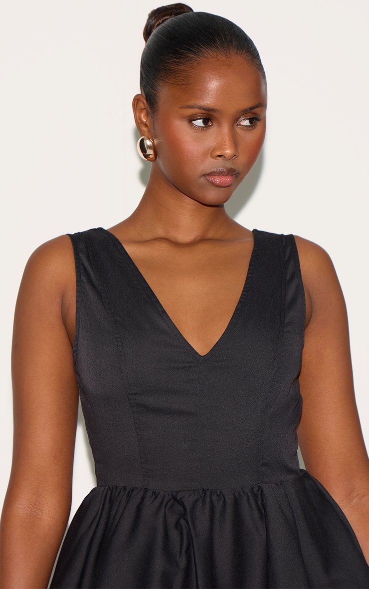 Black Tailored Woven V Neck Puffball Mini Dress image 4