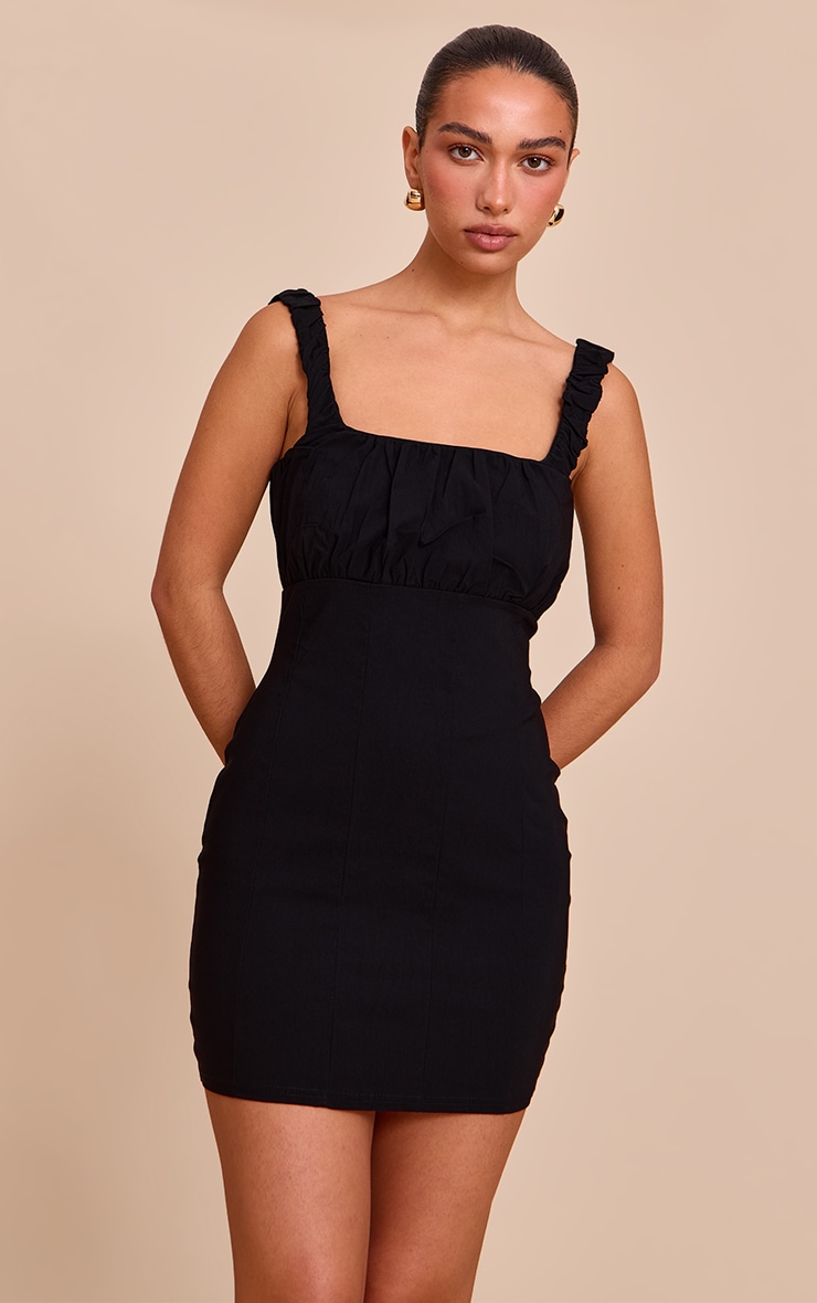 Black Stretch Woven Scoop Neck Ruched Bust Shift Dress image 1
