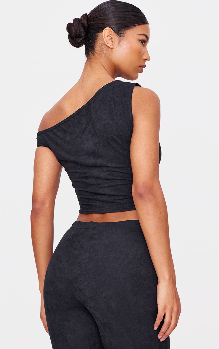 Black Faux Suede Asymmetric Crop Top image 2