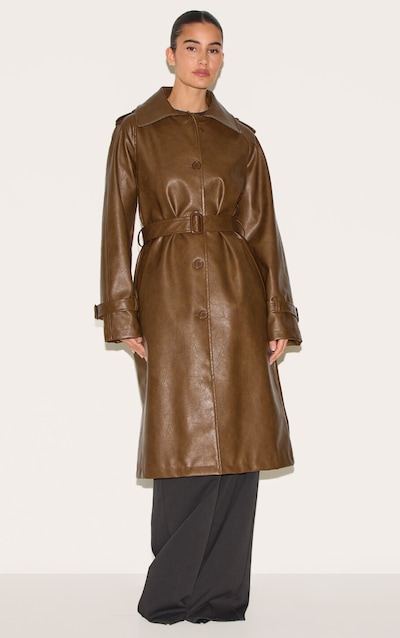 Chocolate Mid Length Faux Leather Trench Coat