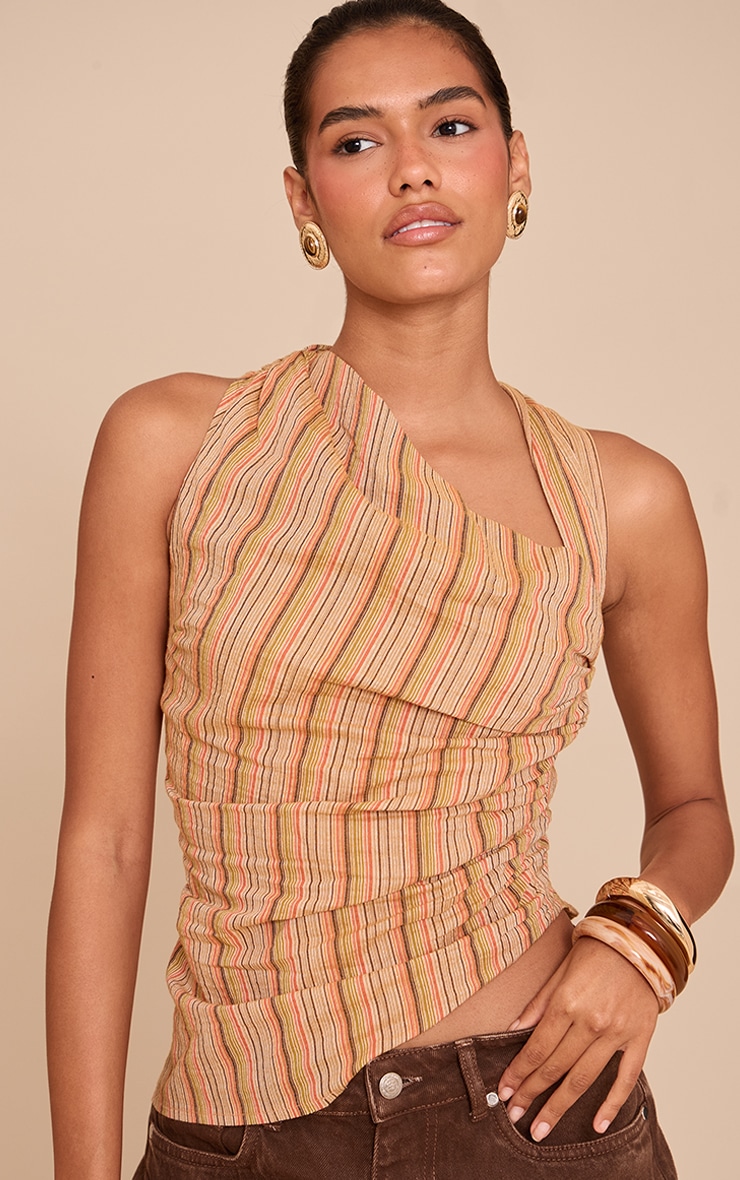 Orange Linen Look Striped Asymmetric Top image 4
