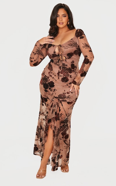 Plus Brown Floral Print Devore Off The Shoulder Long Sleeve Maxi Dress