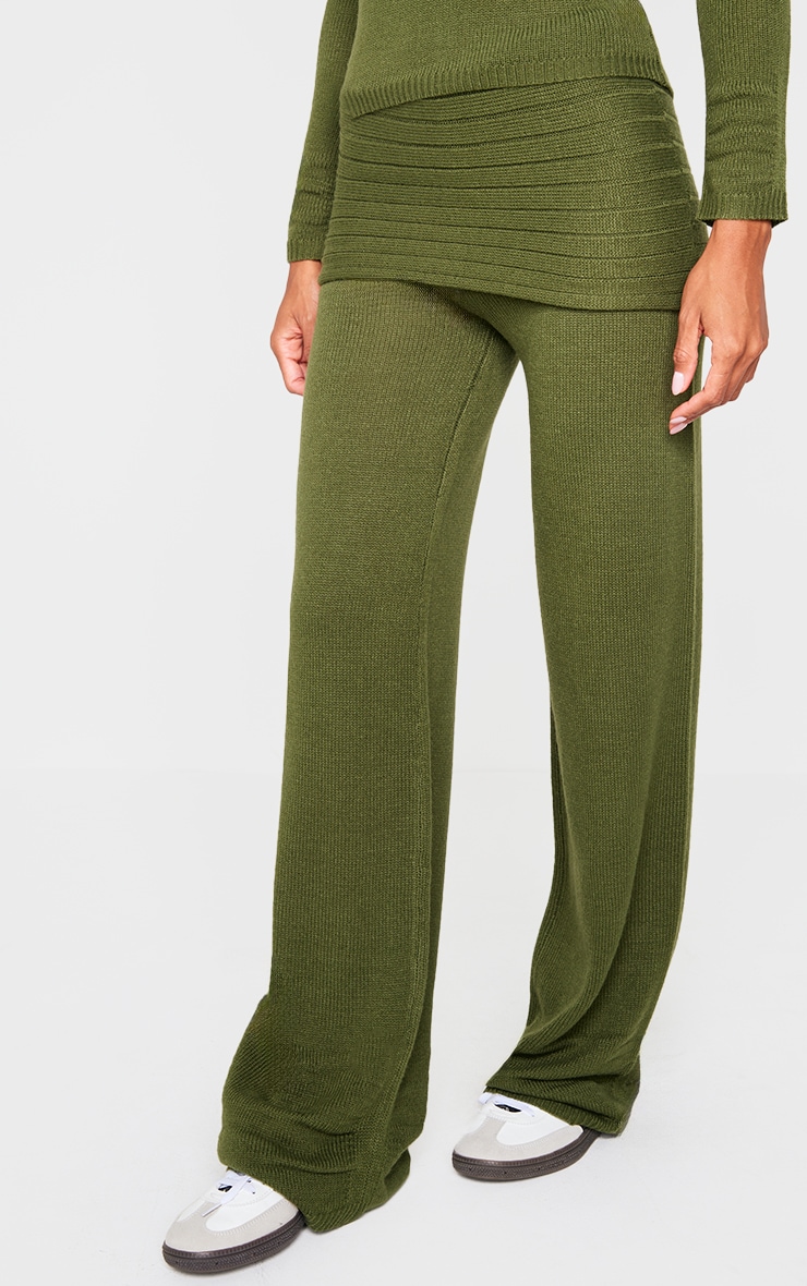Forest Green Knitted Fold Over Wide Leg Pants image 2