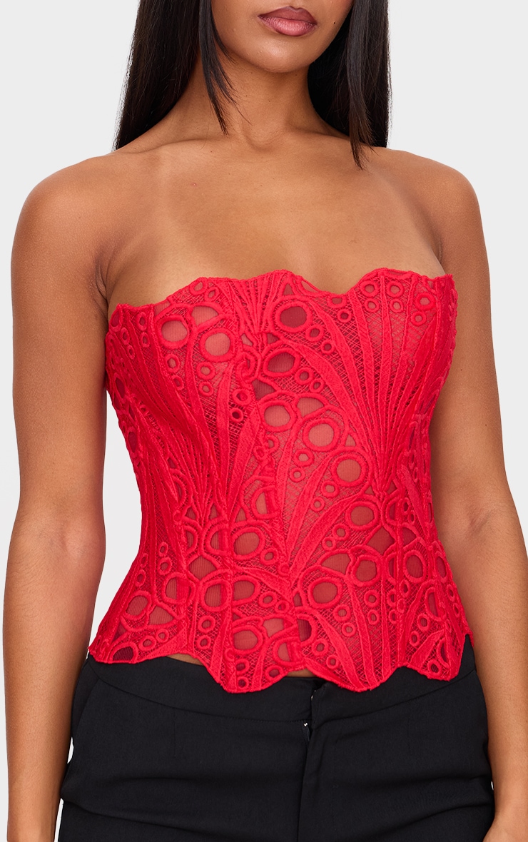 Red Textured Sheer Floral Lace Corset image 4