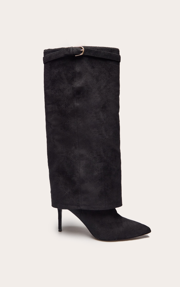 Black Faux Suede Fold Over Heeled Knee High Boot image 2