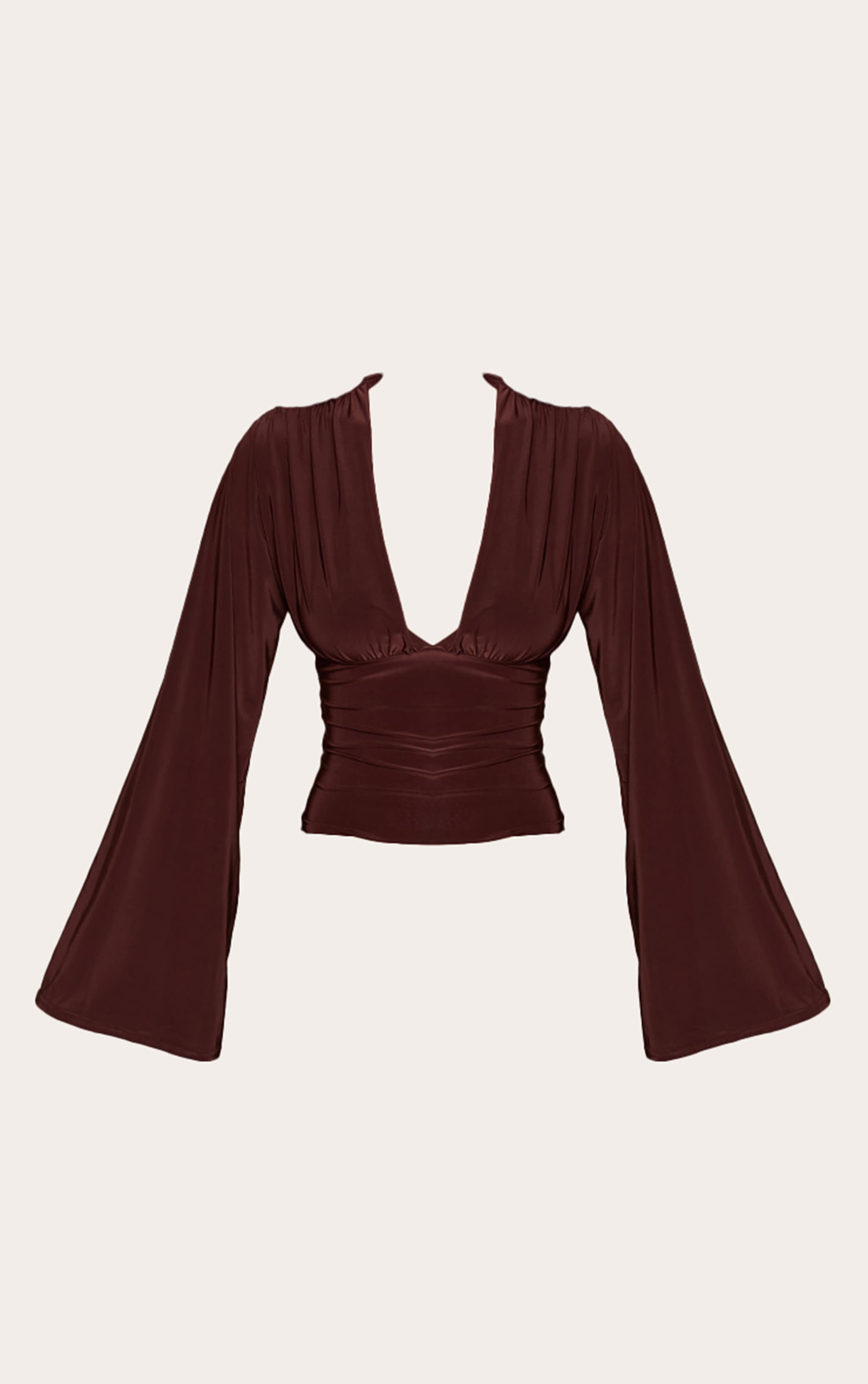 Dark Brown Double Layer Slinky Drape Plunge Long Sleeve Long Top image 5