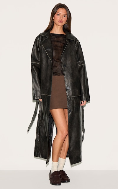 Black Distressed Faux Leather Seam Detail Trench Coat