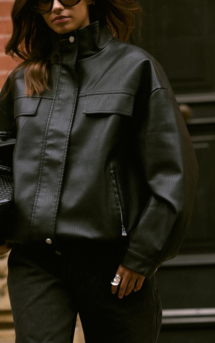 Black Funnel Neck Concealed Placket Faux Leather Jacket image 4