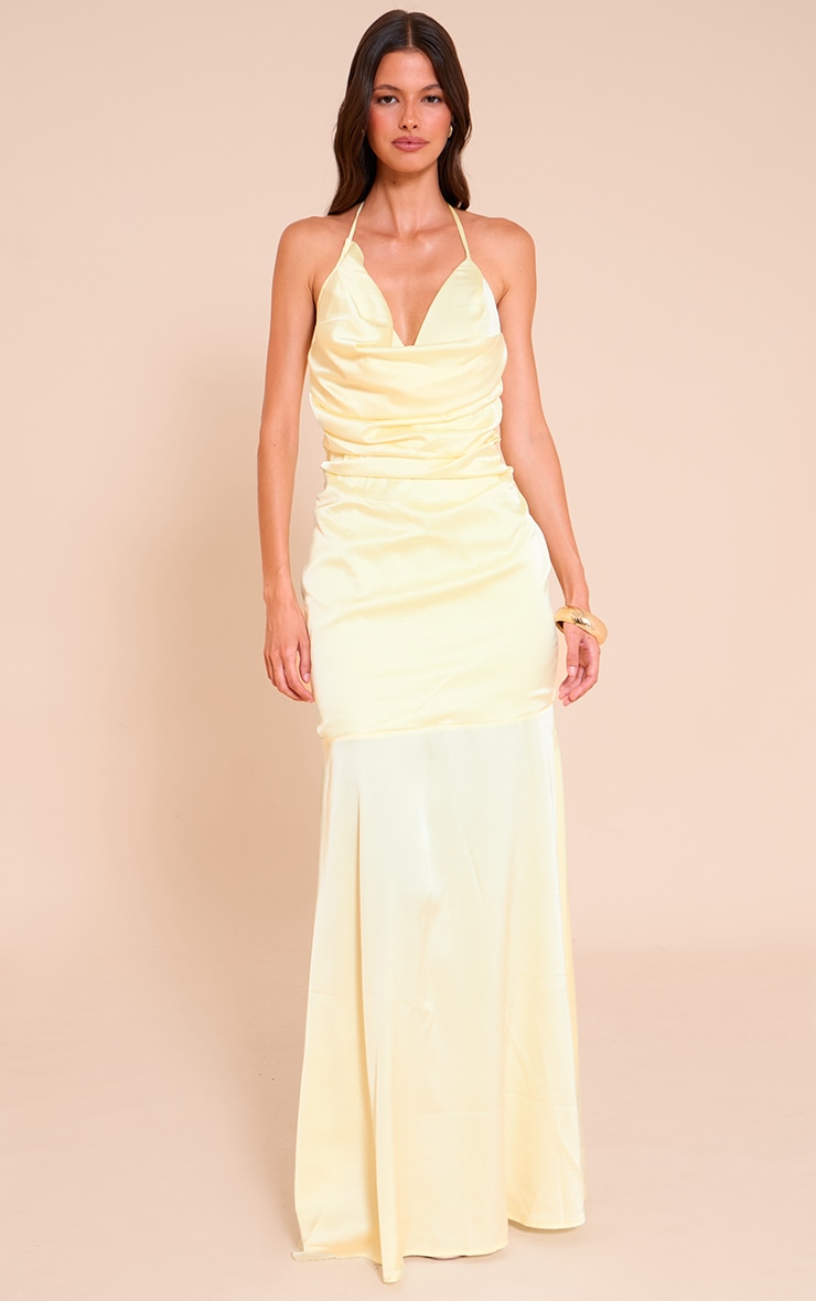 Lemon Satin Asymetric Drape Maxi Dress image 3