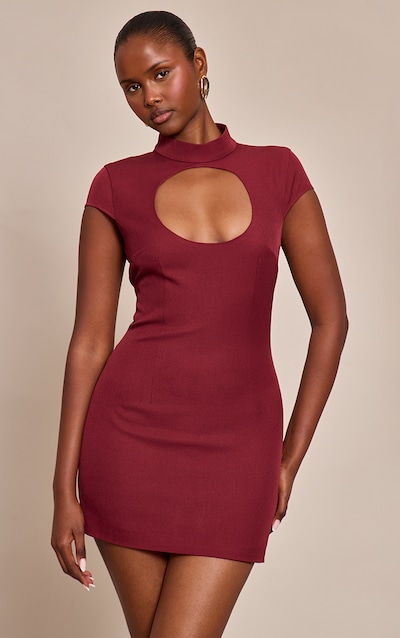 Robe mini tissée bordeaux à découpes et manches courtes