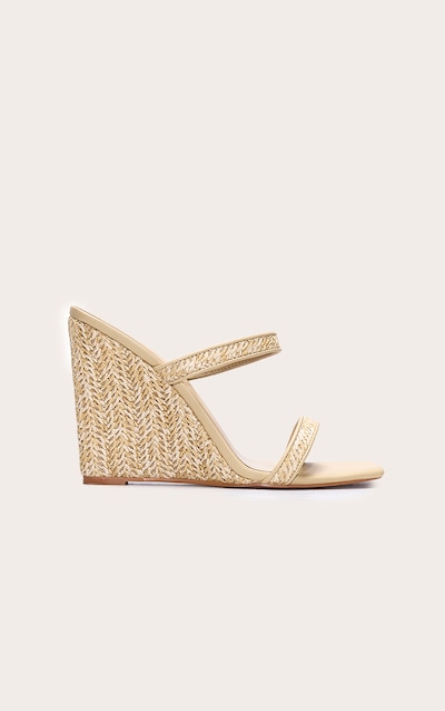 Mules compensées carrées en raphia beige à talon haut