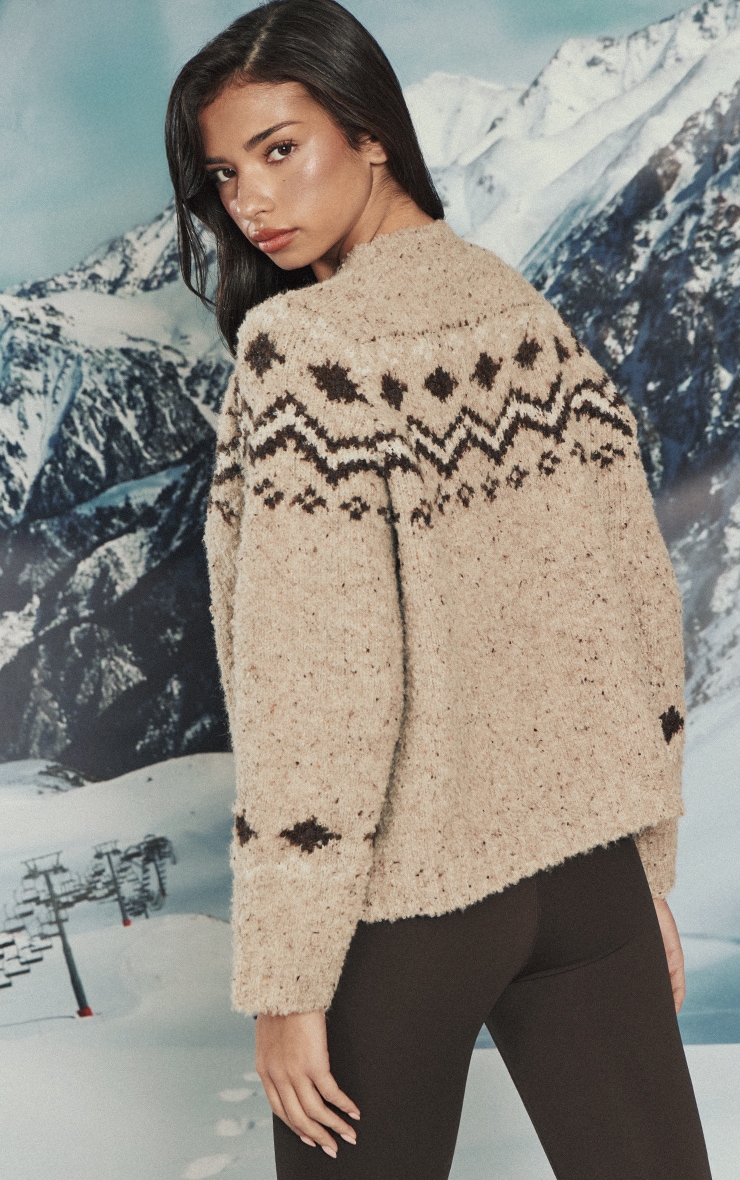 Oatmeal Fairisle High Neck Knitted Sweater image 2