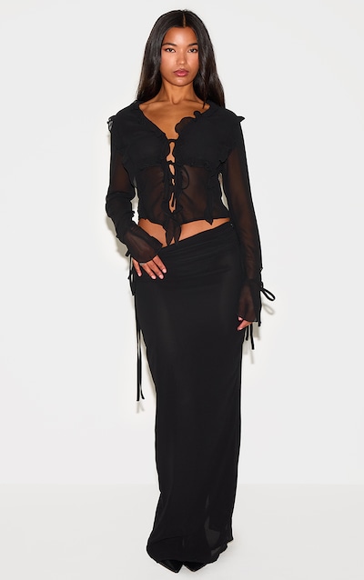 Black Ruched Chiffon Maxi Skirt