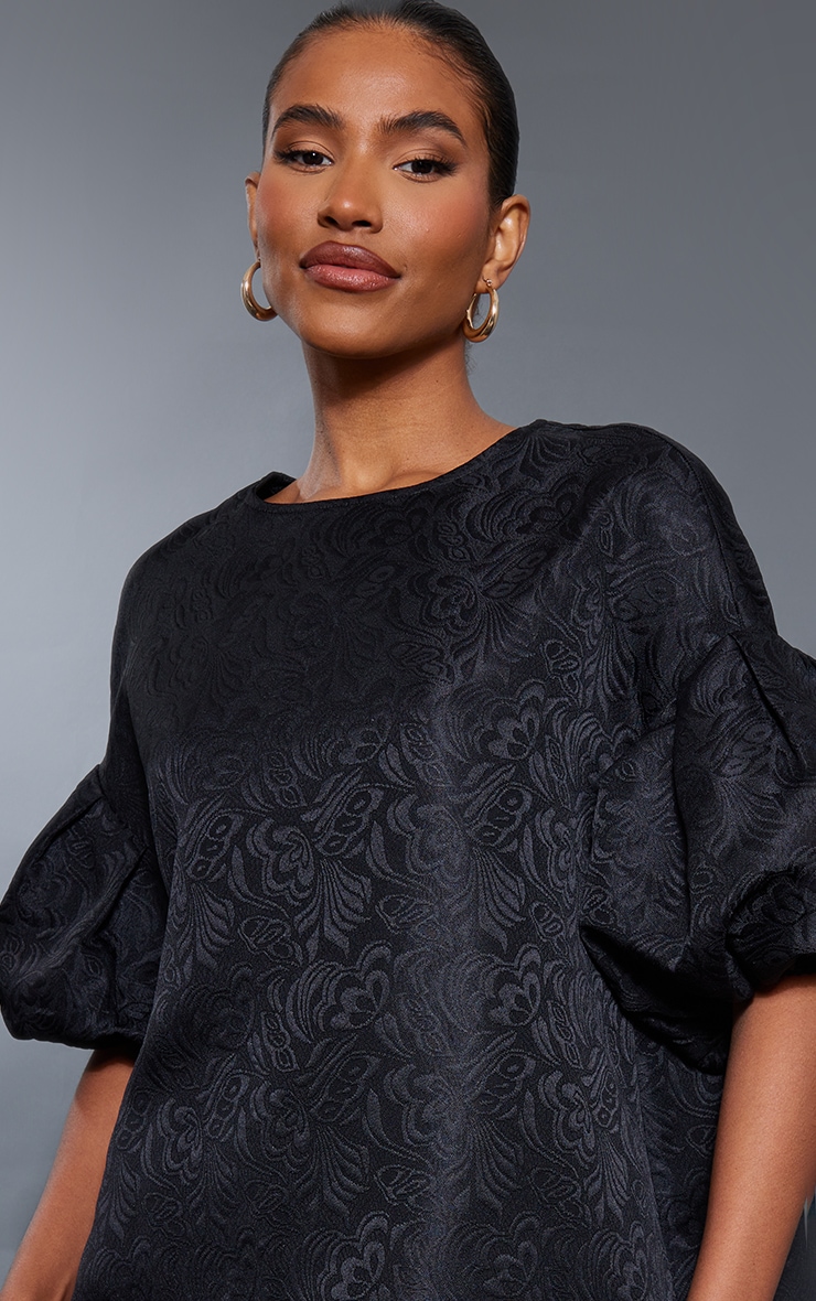 Black Textured Jaquard Puff Sleeve Smock Dress image 4