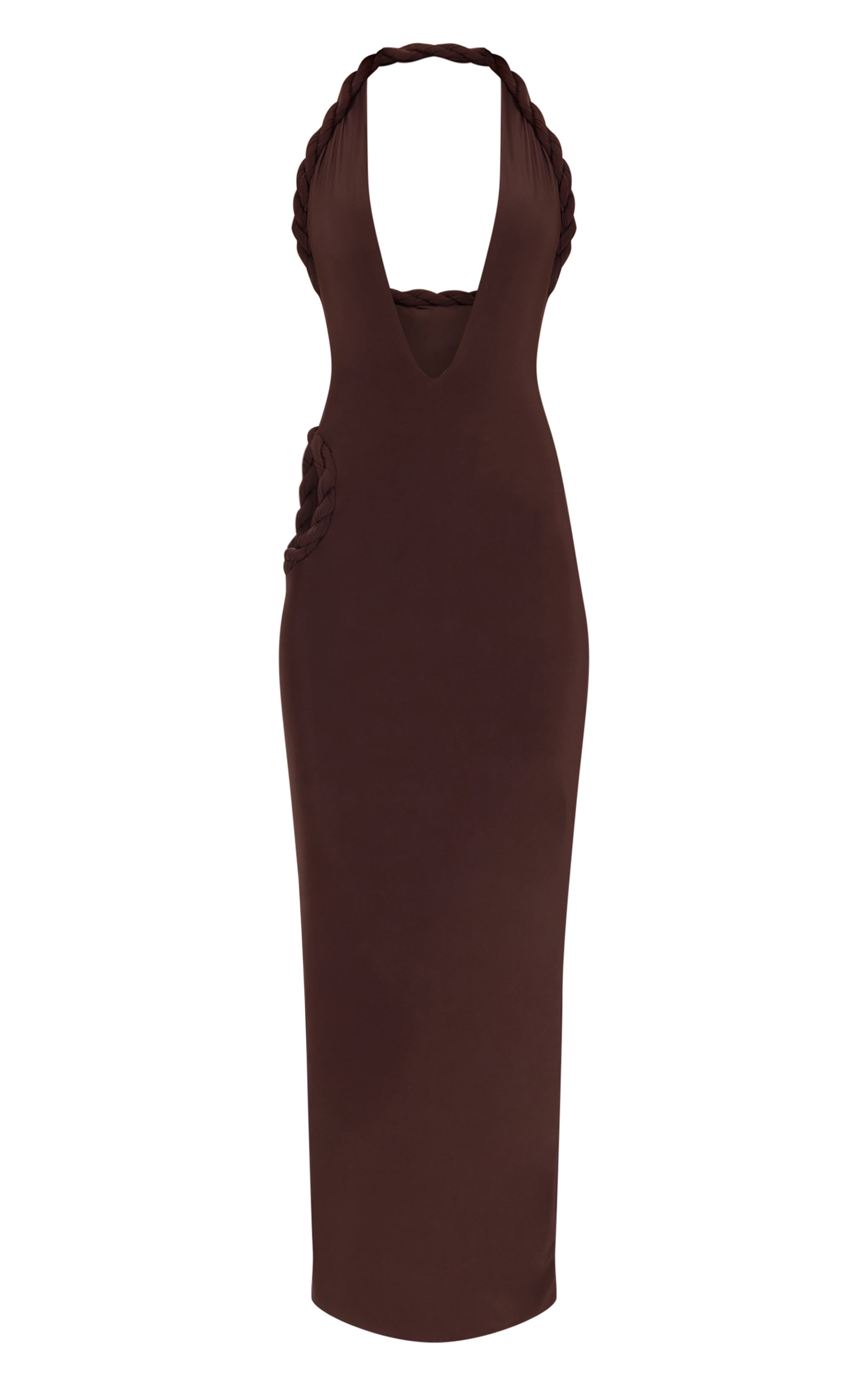 Chocolate Brown Slinky Plait Halterneck Plunge Cut Out Side Maxi Dress image 5