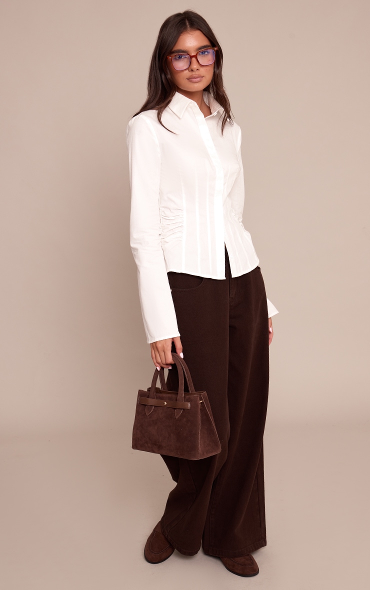 White Ruched Waist Detail Flared Sleeve Shirt image 3